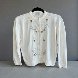 Bermuda White Cardigan Sweater Vintage Gold Silver Embroidered Floral Pearl